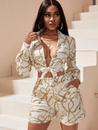 Chain Print Blouson Sleeve Blouse & Slant Pockets Shorts